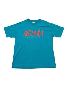 Vintage Indiana Single Stitch T Shirt Teal Hanes Heavyweight USA 90s Graphic